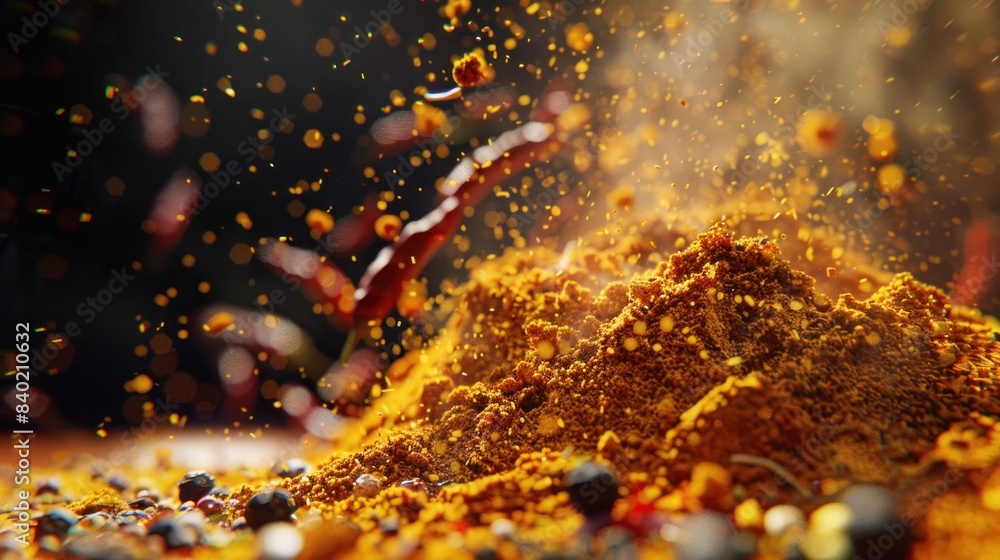 Spice Mix Food Explosion with curry powder, turmeric, coriander, chili and black peppercorns Spice Mix Food Explosion with curry powder, turmeric, coriander, chili and black peppercorns