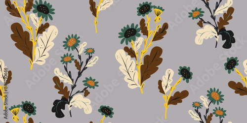 Stylized chamomile flowers, floral pattern. Vector overlapping seamless pattern