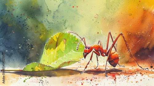 In a vibrant watercolor style, a small ant is depicted carrying a leaf, symbolizing diligence and resilience photo