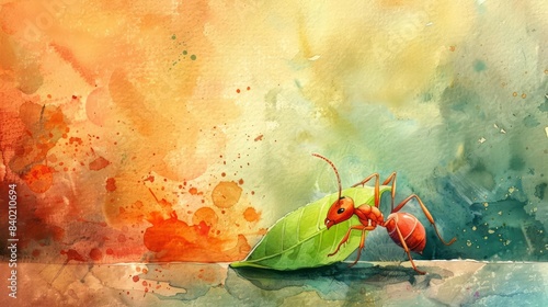 In a vibrant watercolor style, a small ant is depicted carrying a leaf, symbolizing diligence and resilience photo