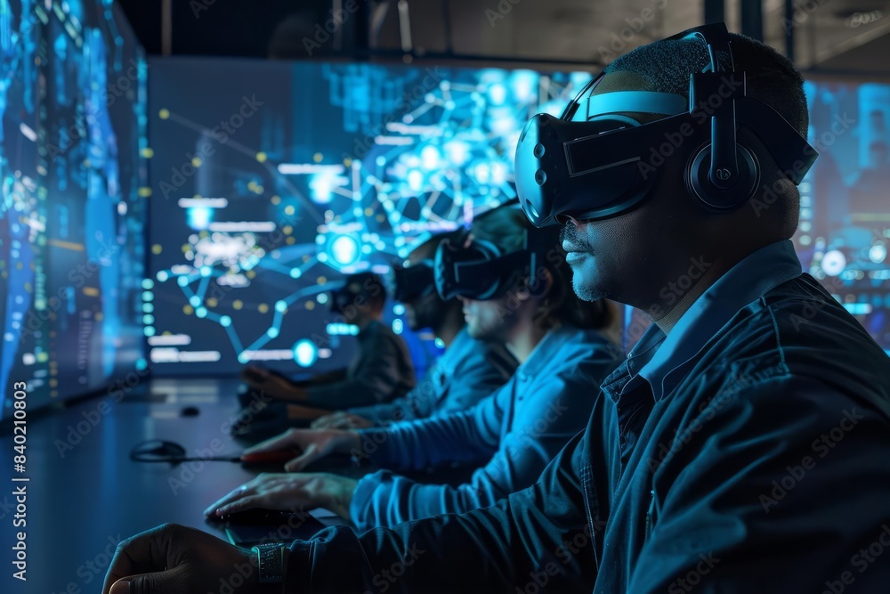 In a virtual reality setting, employees participate in a cybersecurity training session to learn how to protect against digital threats In a virtual reality setting, employees participate in a cybersecurity training session to learn how to protect against digital threats