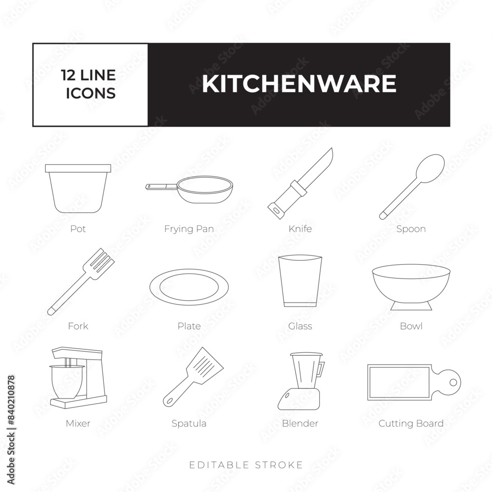 Kitchenware line icon set vector simple, black and white vector icon bundle Kitchenware line icon set vector simple, black and white vector icon bundle
