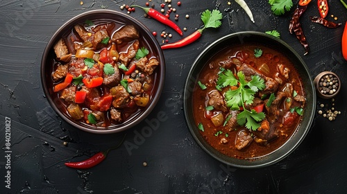 Chili beef soup photographed from above in a flat lay style Copy space image Place for adding text