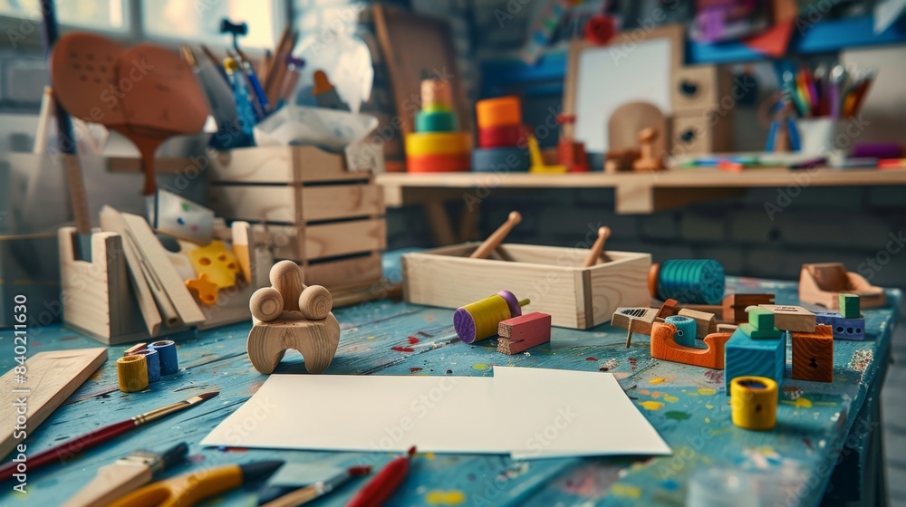 Artisan Toy Maker's Studio Handcrafted Wooden Toys Paintbrushes and Business Cards on Workbench Artisan Toy Maker's Studio Handcrafted Wooden Toys Paintbrushes and Business Cards on Workbench