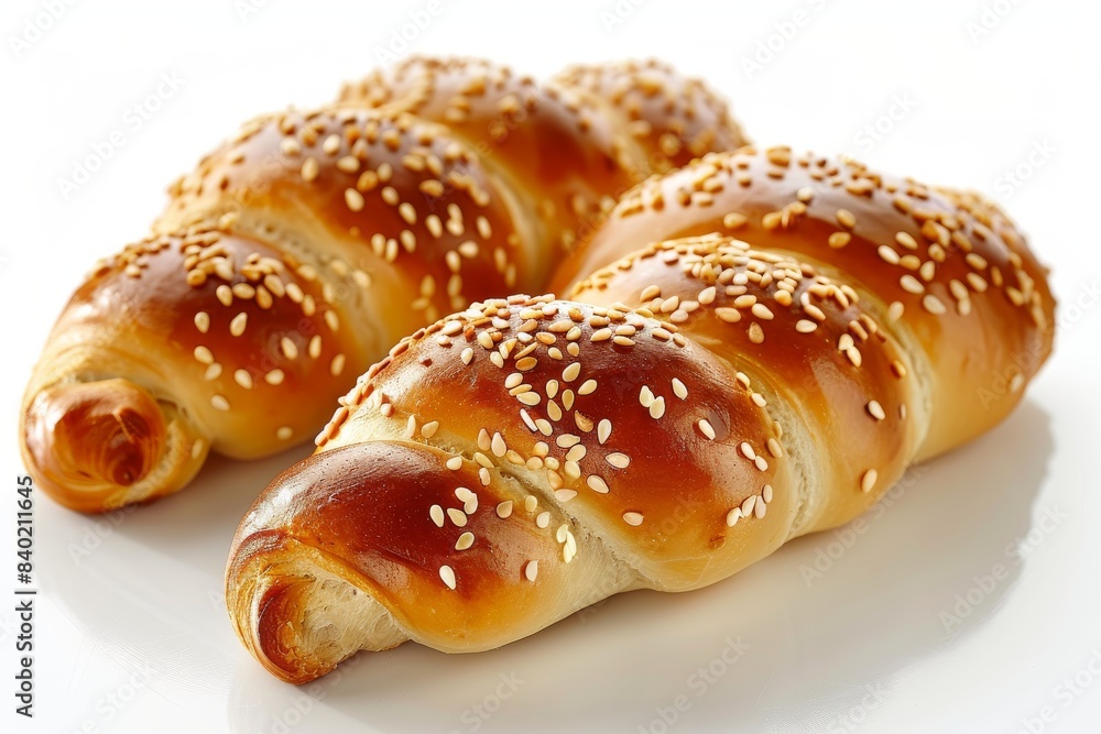 Golden sesame topped croissants on white background Golden sesame topped croissants on white background