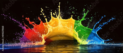 Rainbow liquid splashing in Vortex Formation, negative space, isolated on black background, advertising photoshoot, pride month LGBTQIA theme