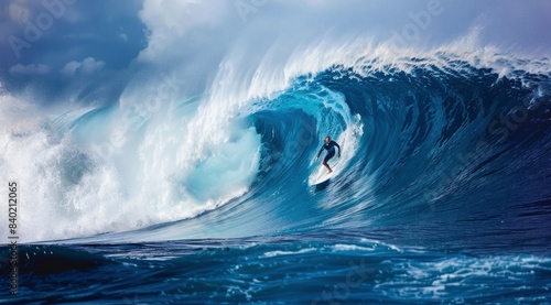 A surfer riding an enormous wave in the ocean