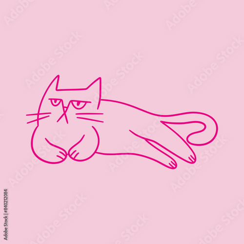 Cute doodle cat with funny grumpy face. Hand drawn outline lying kitty. Fluffy playful cartoon character for t-shirt print, decorations.
