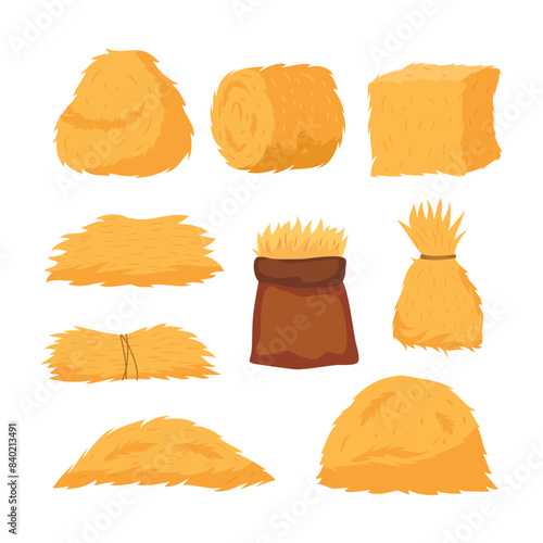 Set of haystack set collection, Hay bales, piles, heaps and stacks set, straw in rolls, squares, sack, wheelbarrow and crate. Dry grass, farm fodder bundles. Flat vector illustrations isolated.