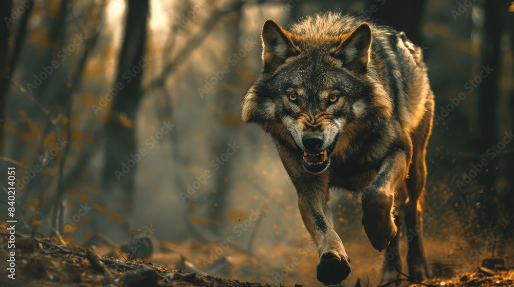 Fierce wolf sprints through the untamed wilderness Fierce wolf sprints through the untamed wilderness