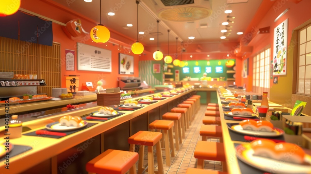 Sushi Bar Buzz Vibrant Conveyor Belt Restaurant Scene with Sake Sets and Blank Business Cards Sushi Bar Buzz Vibrant Conveyor Belt Restaurant Scene with Sake Sets and Blank Business Cards