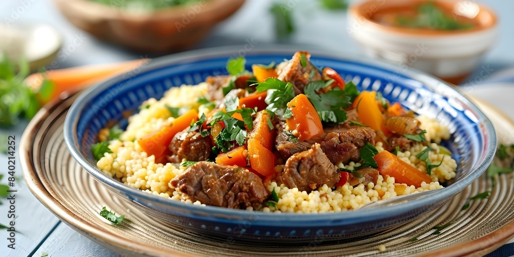 Moroccan couscous with slowcooked vegetables lamb and flavorful sauce. Concept Moroccan Cuisine, Couscous Recipes, Slow-cooked Lamb, Flavorful Sauces, Vegetable Stew Moroccan couscous with slowcooked vegetables lamb and flavorful sauce. Concept Moroccan Cuisine, Couscous Recipes, Slow-cooked Lamb, Flavorful Sauces, Vegetable Stew
