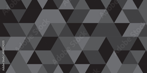 Abstract geometric black and gray background seamless mosaic and low polygon triangle texture wallpaper. Triangle shape retro wall grid pattern geometric ornament tile vector square element.