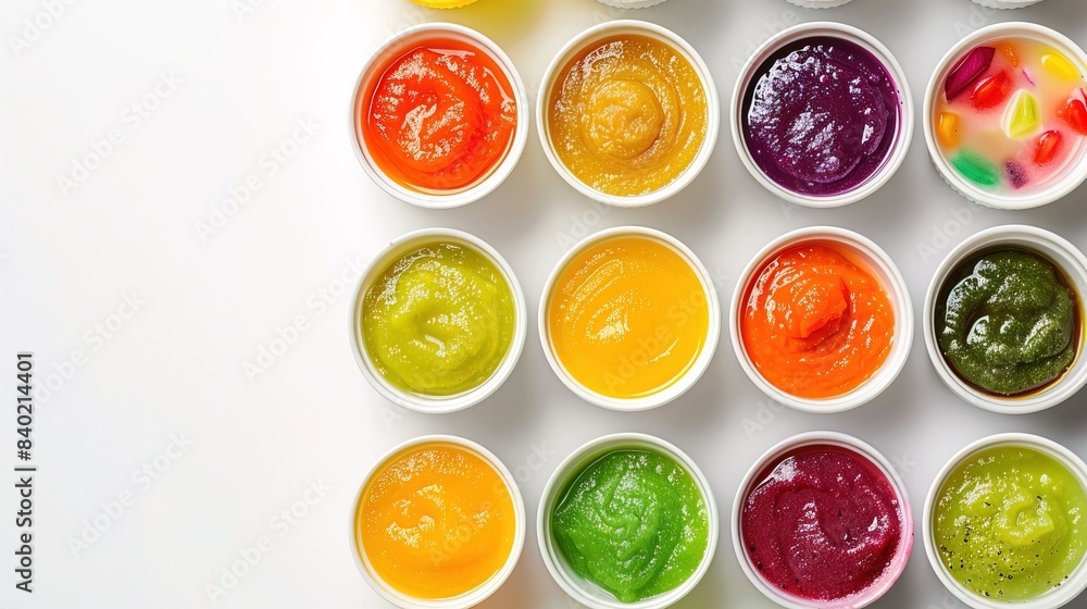 Baby food bowls arranged on a white background in a flat lay composition with copyspace for text Baby food bowls arranged on a white background in a flat lay composition with copyspace for text