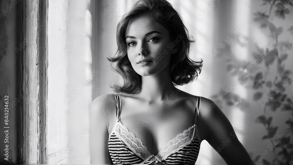 woman-black-and-white-striped-lingerie-set-graphic-background-bold-pose