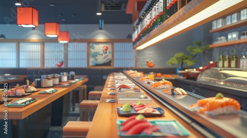 Wallpaper Mural Sushi Bar Buzz Vibrant Conveyor Belt Restaurant Scene with Sake Sets and Blank Business Cards Torontodigital.ca