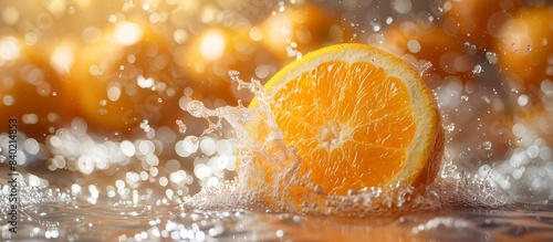 Fresh orange slice splashing in water, creating refreshing and vibrant visual imagery. Ideal for promoting healthy lifestyle and citrus fruit concepts.