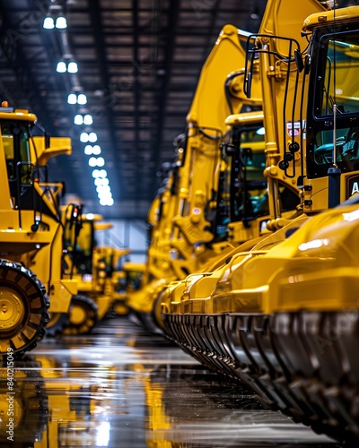 A row of yellow heavy equipment vehicles in an industrial warehouse