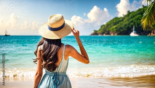 A young woman with long brown hair wearing a straw hat and a blue dress, standing on a tropical beach with turquoise water and lush green vegetation in the background photo