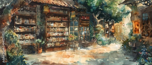 This watercolor artwork depicts a quaint bookstore nestled in an exotic location, infused with subtle cyber themes photo