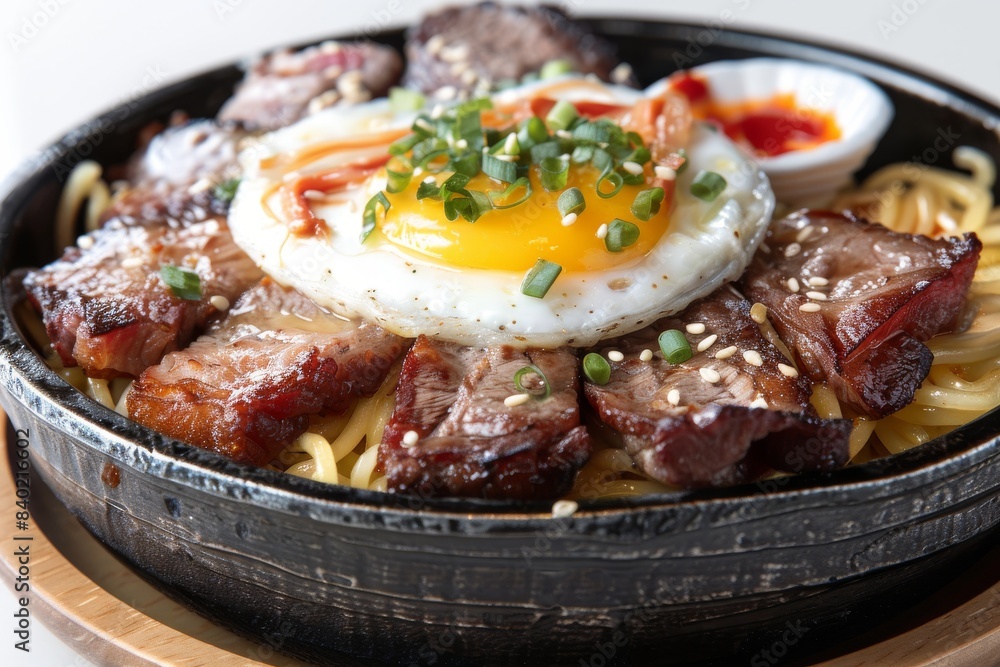 Grilled steak topped with fried egg and green onions on skillet Grilled steak topped with fried egg and green onions on skillet