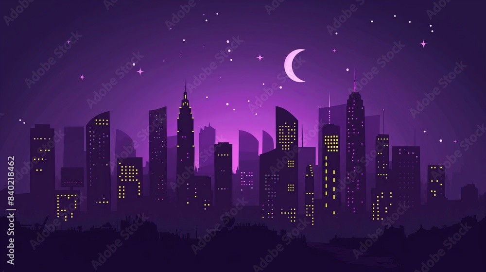 Fototapeta premium Nighttime City Skyline with Crescent Moon and Stars
