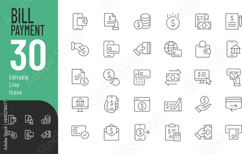 Bill Payment Line Editable Icons set. Vector illustration in modern thin line style of finance related icons: document, atm, cash, and other. Pictograms and infographics for mobile apps.
