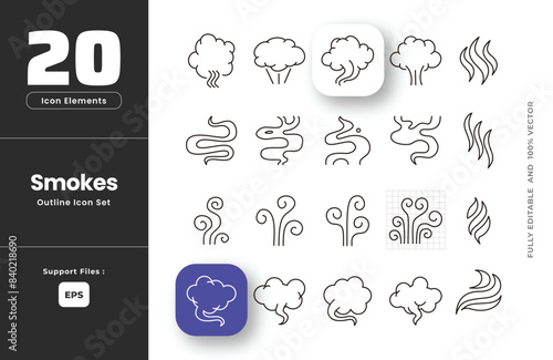 Set of Steam, smoke, smell, icon outline icon set, clouds of different shapes, Cigarettes and nicotine, bad habits. Bad smell and clouds of smoke. Toxic steam, nose with bad air, sense of smell.