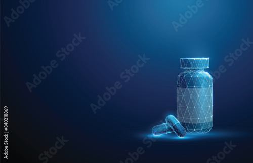 Plastic bottle with two abstract blue medical drug capsules. Healthcare medical and pharmacy concept. Low poly style. Geometric background Wireframe light connection structure Modern 3d graphic Vector