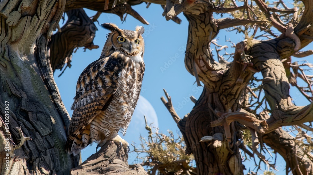 Fototapeta premium Majestic Great Horned Owl Perched Amidst Twisted Trees
