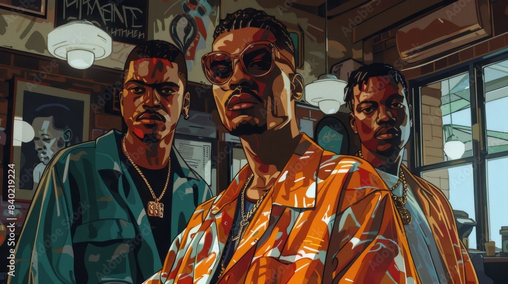 Obraz premium A digital illustration of three fashionable men with an urban style in a cafe