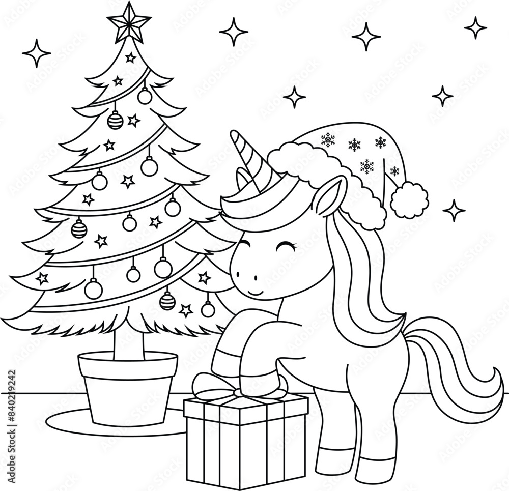 Cute kawaii unicorn with gift box and christmas tree cartoon character coloring page for kids. Animal outline doodle colouring page isolated on white background.