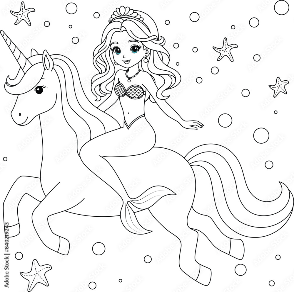 Hand-drawn illustration of kawaii mermaid princess ride a horse ...
