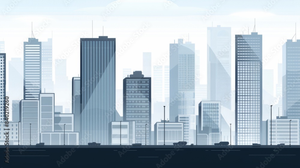 Fototapeta premium Serene Urban Skyline: Modern Cityscape Illustration Under Blue Skies