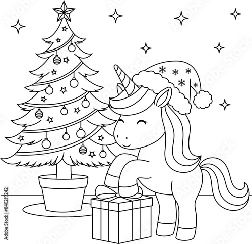 Obraz na płótnie Cute kawaii unicorn with gift box and christmas tree cartoon character coloring page for kids. Animal outline doodle colouring page isolated on white background. w salonie