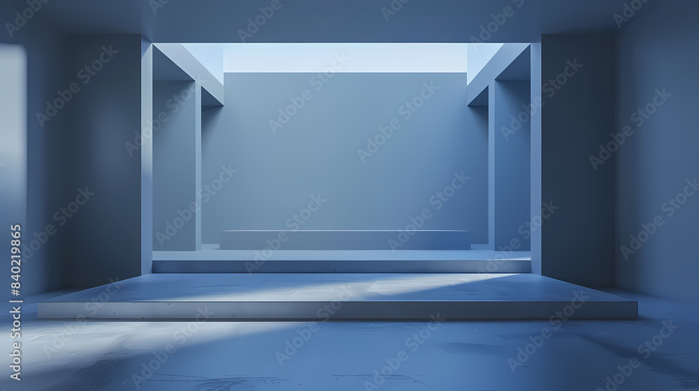Modern minimalist architectural design with blue geometric walls and natural light entering through the open ceiling creates a serene and spacious atmosphere. Modern minimalist architectural design with blue geometric walls and natural light entering through the open ceiling creates a serene and spacious atmosphere.