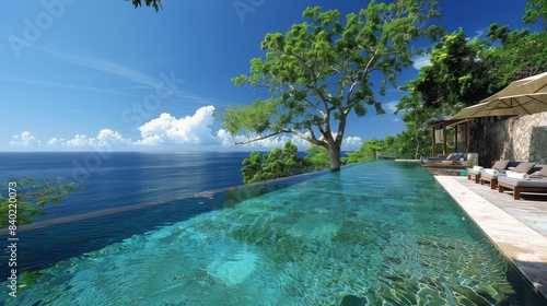 Infinity Pool Overlooking Lush Tropical Islands on a Sunny Day