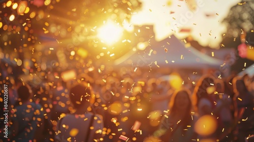 Sunset hues and sparkles create an enchanting ambiance over the lively festival crowd