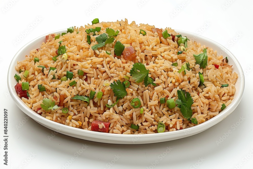 Bowl of fragrant herb rice with parsley garnish on white background Bowl of fragrant herb rice with parsley garnish on white background