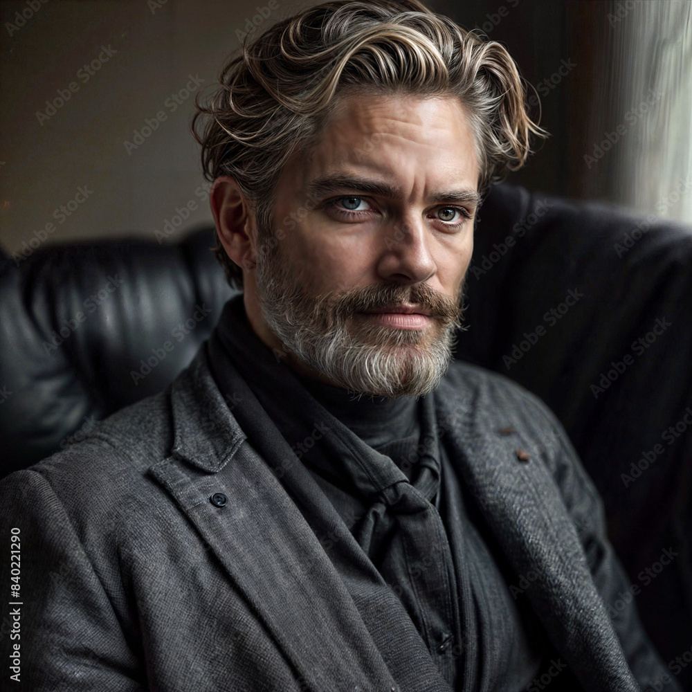 Fototapeta premium A painting of a Silver Lining, Timeless Tailoring, Wisdom's Portrait, Distinguished Grace, Executive Elegance. 