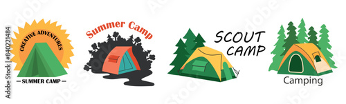 Set of badges, logos for outdoor recreation, camping, hiking, mountain adventure and expeditions. Vector illustration, eps 10