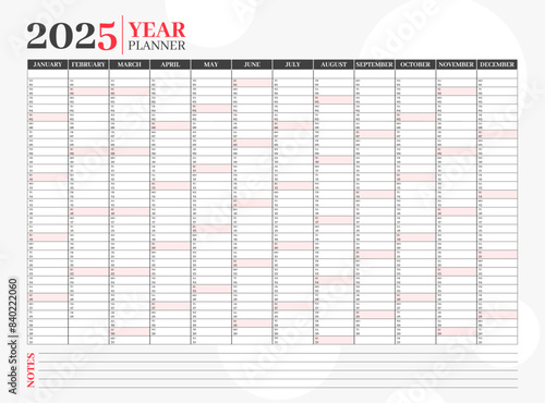 2025 yearly red calendar template. Schedule page journal, stationery calendar, corporate planner