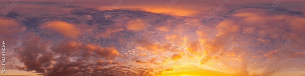 Fototapeta premium Sky panorama with bright glowing golden clouds. HDR 360 seamless spherical panorama. Full zenith or sky dome in 3D visualization, sky replacement for aerial drone panoramas. Weather and climate change