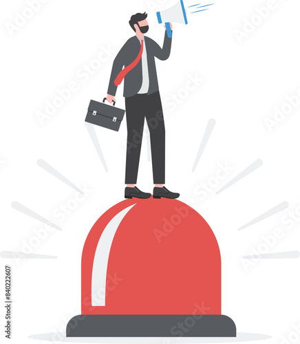 state of emergency declaration, provide emergency information to others as a precaution, warning about danger concept, businessman with megaphone giving instructions about current state of emergency

