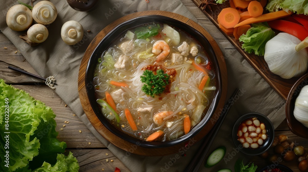 Bowl of Asian-style soup with rice noodles, garnished with herbs, and containing pieces of chicken and shrimp Bowl of Asian-style soup with rice noodles, garnished with herbs, and containing pieces of chicken and shrimp