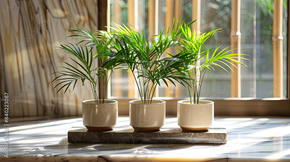 Three Green Parlour Palm House Plants in White Ceramic Pots on Marble Tray in Sunlit Room with Copy Space Three Green Parlour Palm House Plants in White Ceramic Pots on Marble Tray in Sunlit Room with Copy Space