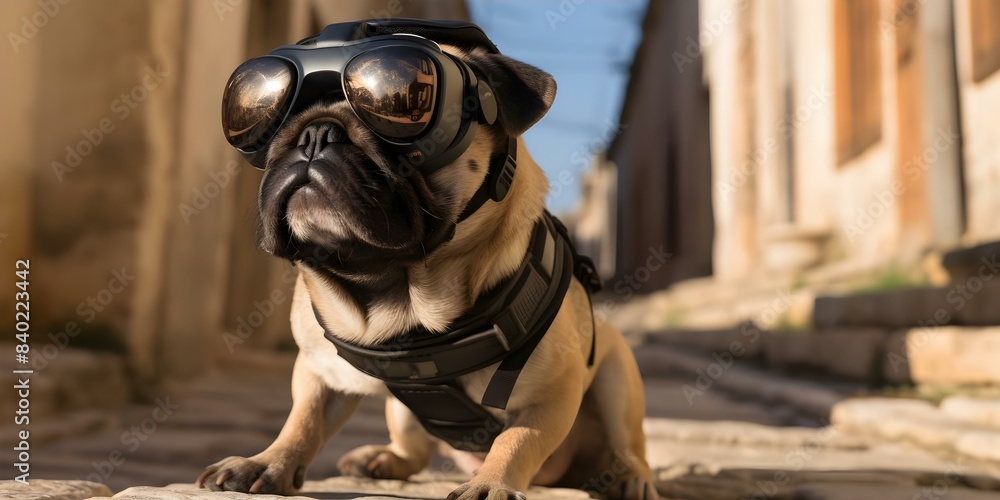 Pug dog in VR headset exploring virtual reality world in Kei style. Concept Pug Dog, VR Headset, Virtual Reality, Kei Style, Exploration Pug dog in VR headset exploring virtual reality world in Kei style. Concept Pug Dog, VR Headset, Virtual Reality, Kei Style, Exploration