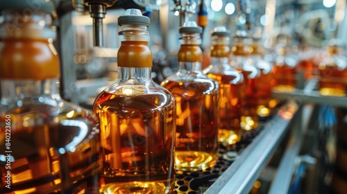 The bottling process of whiskey in the factory  machines for filling and labelling glass bottles with alcohol liquid on the production line at the sticker printing plant  closeup view.