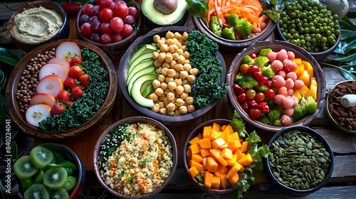 Beautifully Arranged Vegan Meal with Fresh Produce Salad and Nourishing Accompaniments in a Cozy Sunlit Kitchen Setting