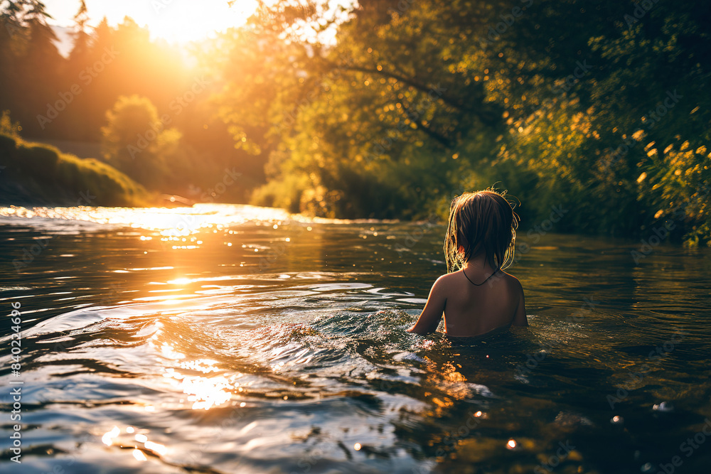 Young child relaxing while swimming in river at sunset Young child relaxing while swimming in river at sunset